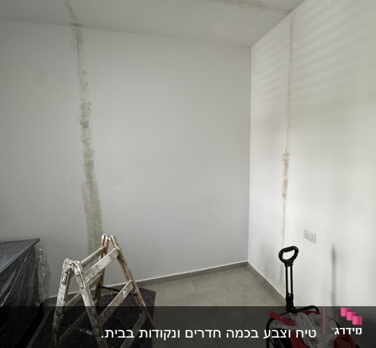 סולם וחומרי צביעה בחדר עם קירות מוכתמים